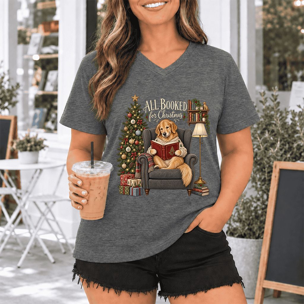All Booked For Christmas Golden Retriever Ultra-Soft V-Neck | Reader Gift Deep Heather