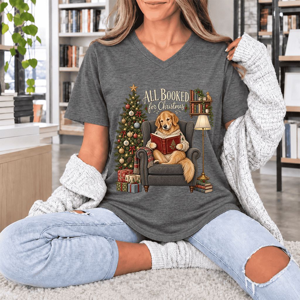 All Booked For Christmas Golden Retriever Ultra-Soft V-Neck | Reader Gift Deep Heather