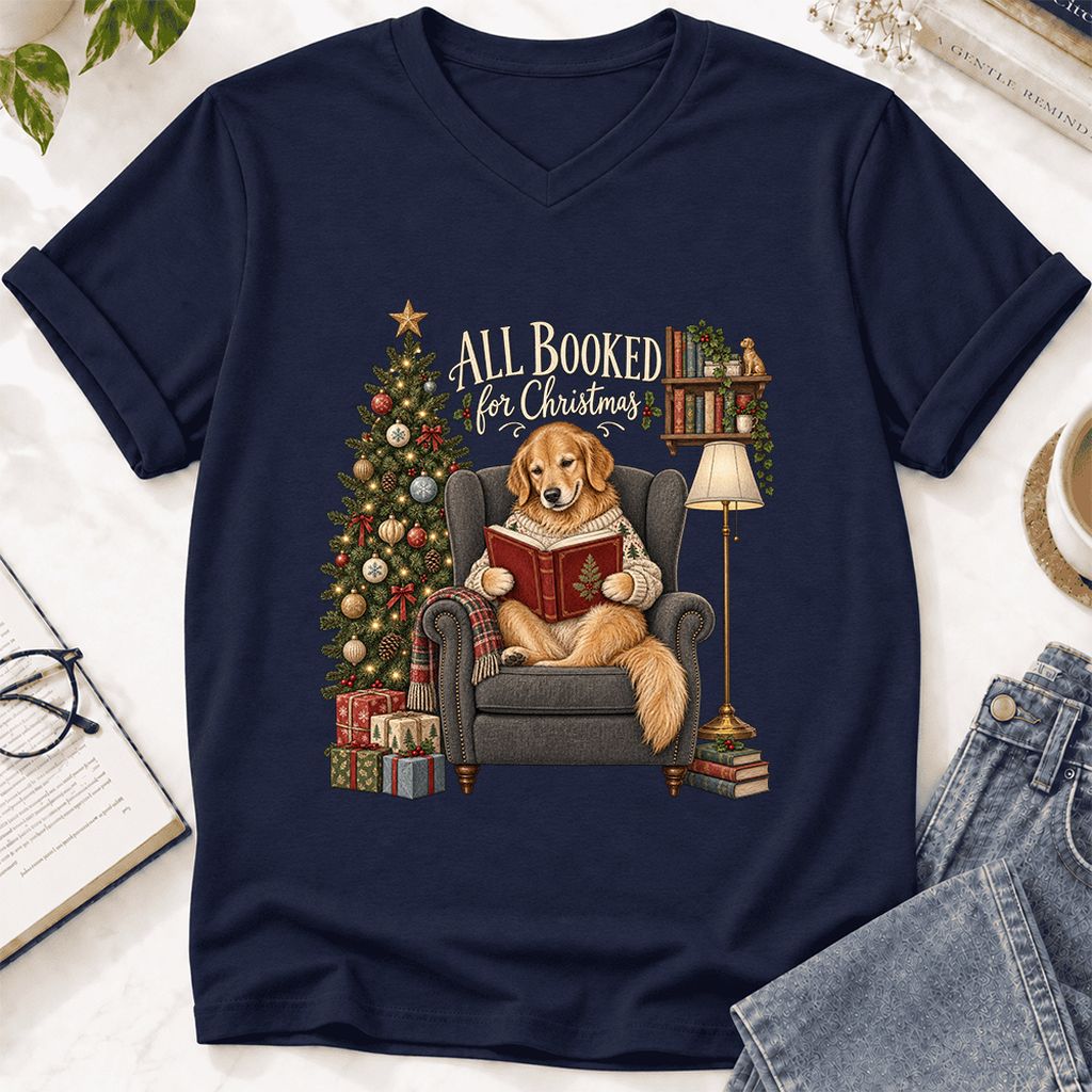 All Booked For Christmas Golden Retriever Ultra-Soft V-Neck | Reader Gift Navy
