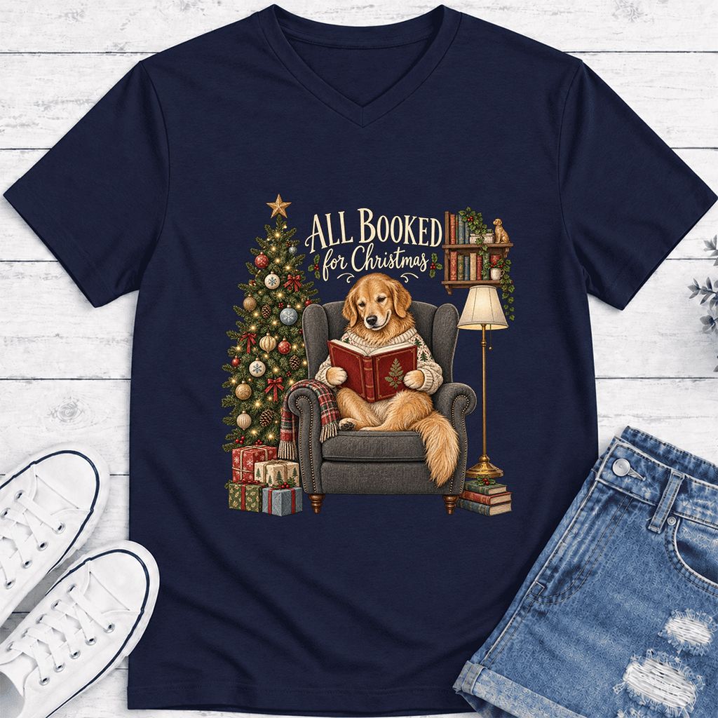All Booked For Christmas Golden Retriever Ultra-Soft V-Neck | Reader Gift Navy