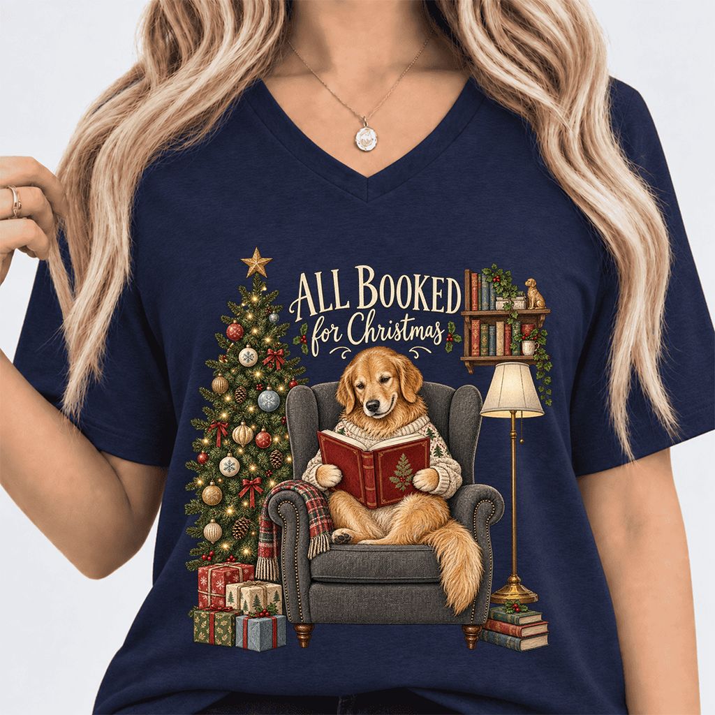All Booked For Christmas Golden Retriever Ultra-Soft V-Neck | Reader Gift Navy