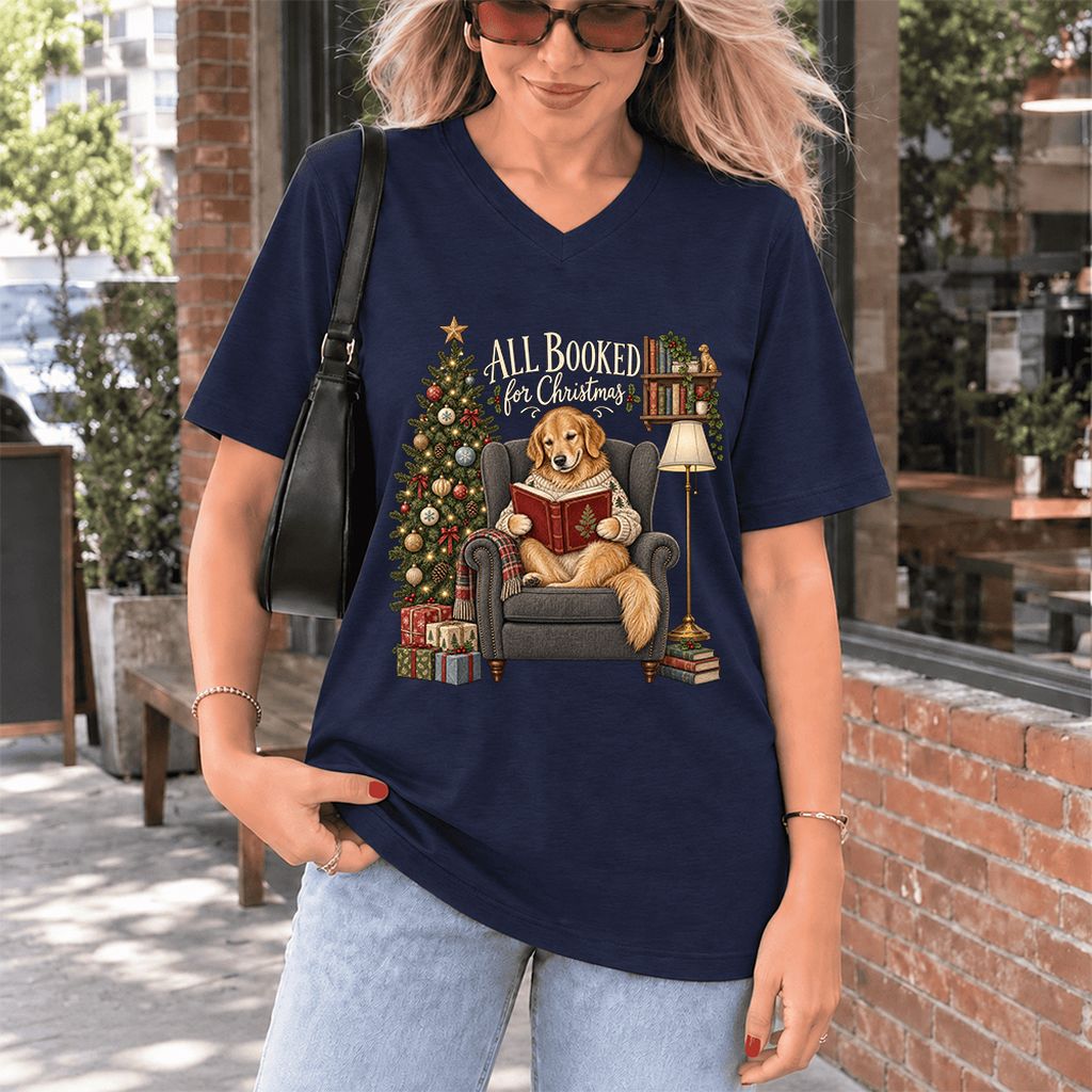 All Booked For Christmas Golden Retriever Ultra-Soft V-Neck | Reader Gift Navy
