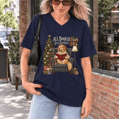 All Booked For Christmas Golden Retriever Ultra-Soft V-Neck | Reader Gift Navy