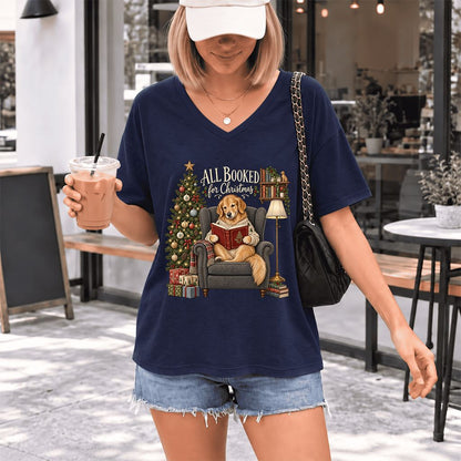 All Booked For Christmas Golden Retriever Ultra-Soft V-Neck | Reader Gift Navy