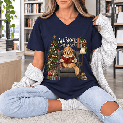 All Booked For Christmas Golden Retriever Ultra-Soft V-Neck | Reader Gift Navy