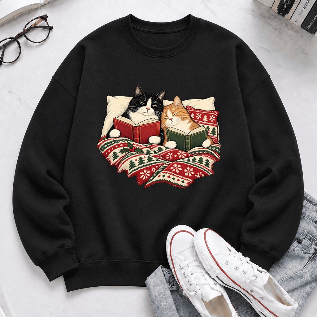 Cozy Cats Reading Under The Christmas Blanket Printed Sweatshirt | Reader Gift Black