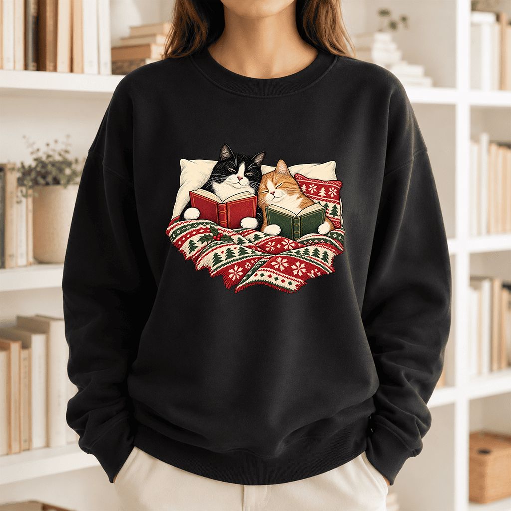 Cozy Cats Reading Under The Christmas Blanket Printed Sweatshirt | Reader Gift Black