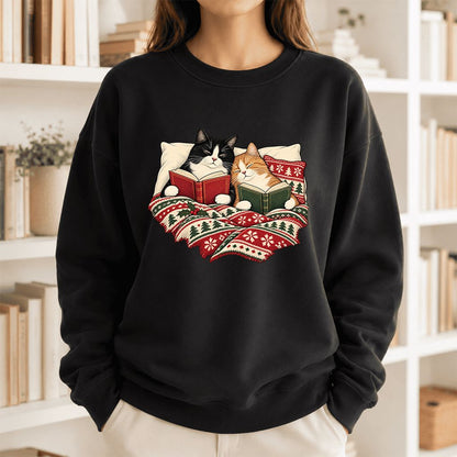 Cozy Cats Reading Under The Christmas Blanket Printed Sweatshirt | Reader Gift Black