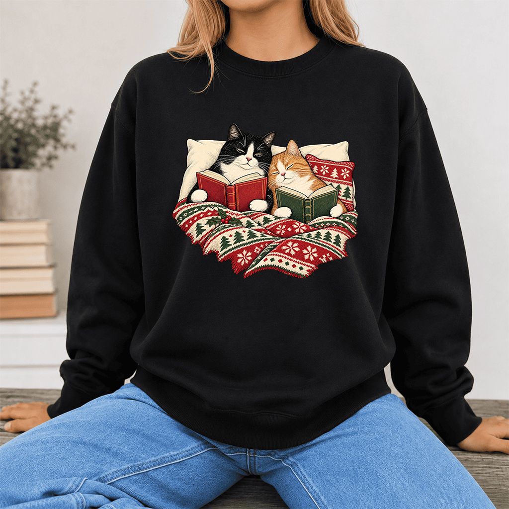 Cozy Cats Reading Under The Christmas Blanket Printed Sweatshirt | Reader Gift Black