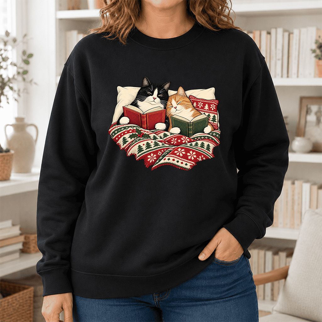 Cozy Cats Reading Under The Christmas Blanket Printed Sweatshirt | Reader Gift Black