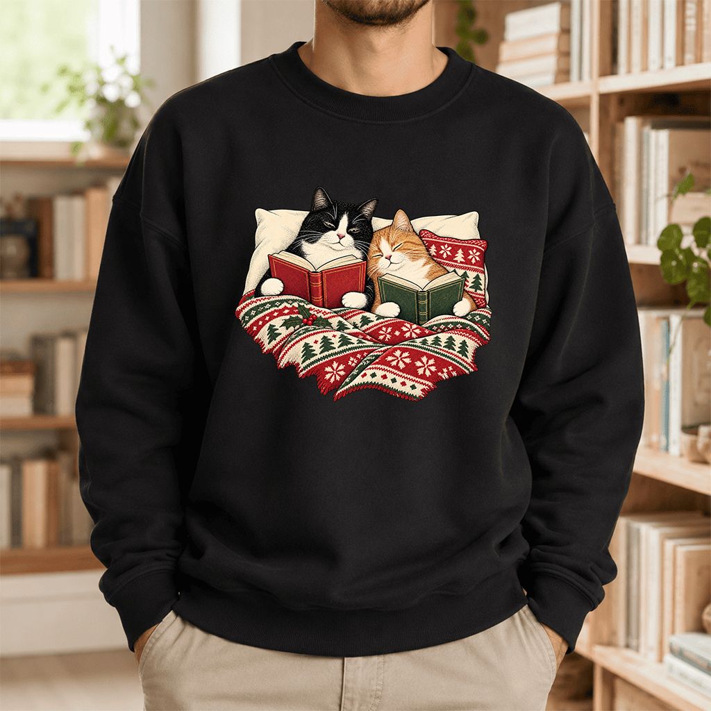 Cozy Cats Reading Under The Christmas Blanket Printed Sweatshirt | Reader Gift Black