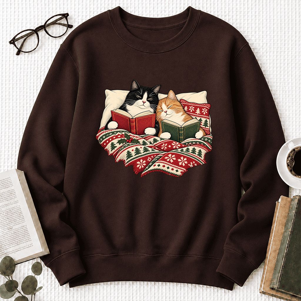 Cozy Cats Reading Under The Christmas Blanket Printed Sweatshirt | Reader Gift Dark Chocolate