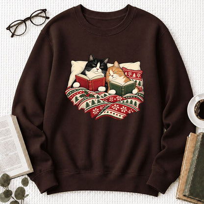 Cozy Cats Reading Under The Christmas Blanket Printed Sweatshirt | Reader Gift Dark Chocolate