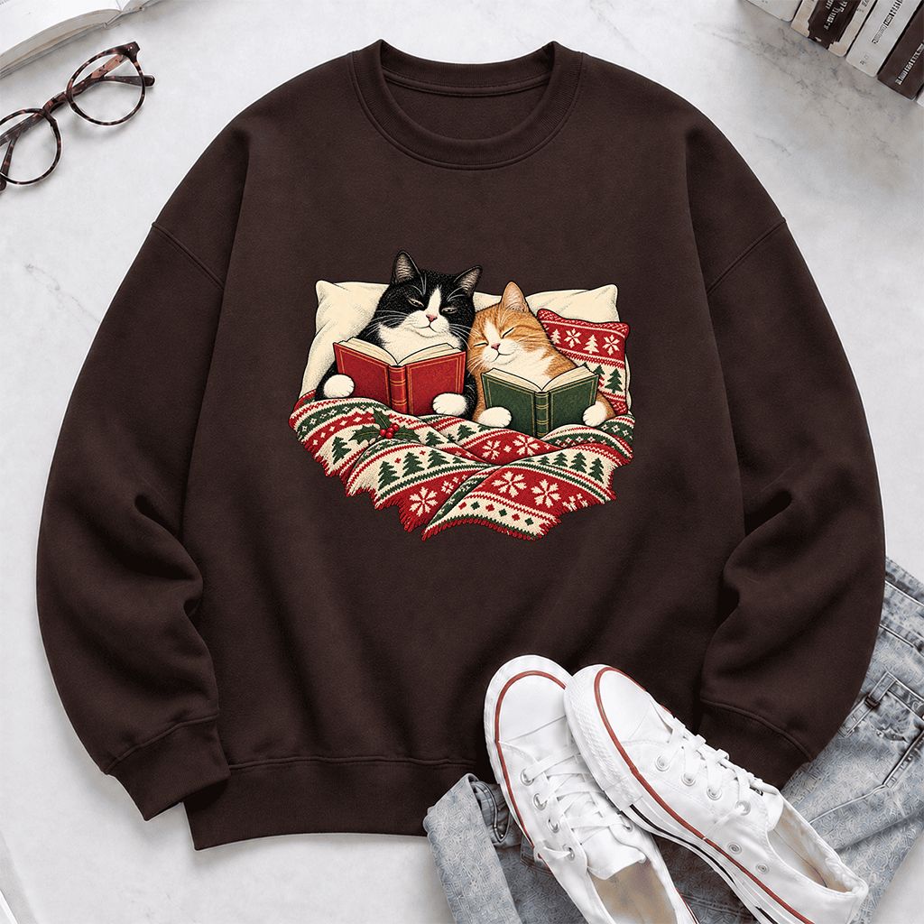 Cozy Cats Reading Under The Christmas Blanket Printed Sweatshirt | Reader Gift Dark Chocolate