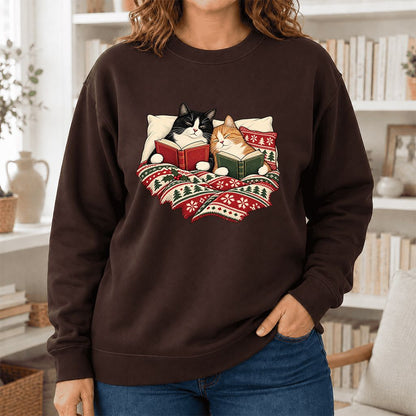 Cozy Cats Reading Under The Christmas Blanket Printed Sweatshirt | Reader Gift Dark Chocolate