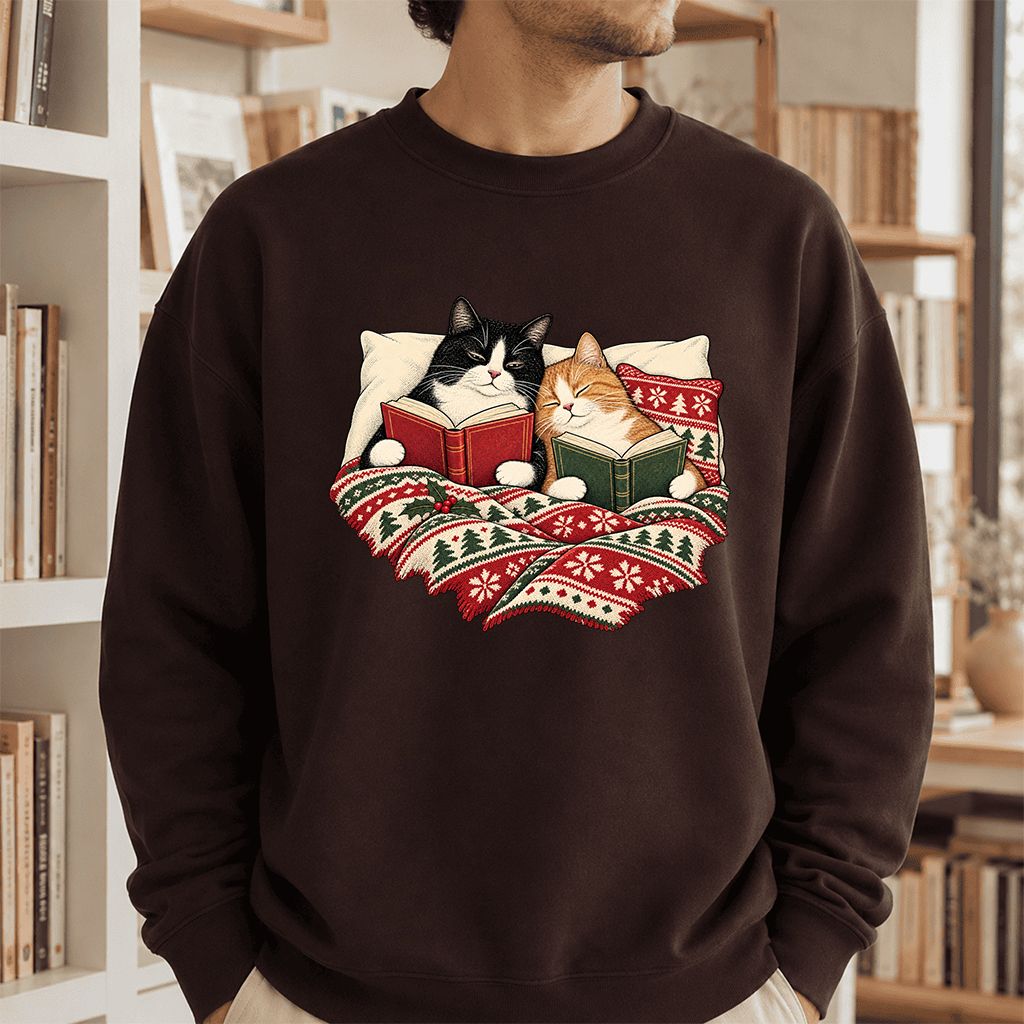 Cozy Cats Reading Under The Christmas Blanket Printed Sweatshirt | Reader Gift Dark Chocolate