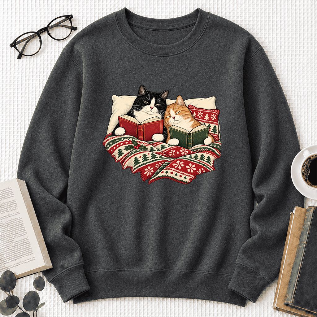 Cozy Cats Reading Under The Christmas Blanket Printed Sweatshirt | Reader Gift Dark Heather