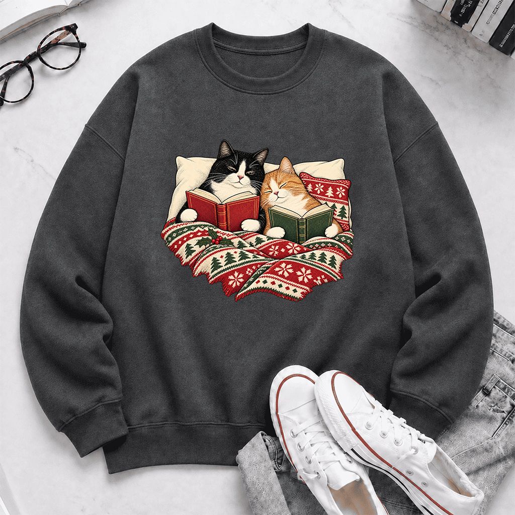 Cozy Cats Reading Under The Christmas Blanket Printed Sweatshirt | Reader Gift Dark Heather