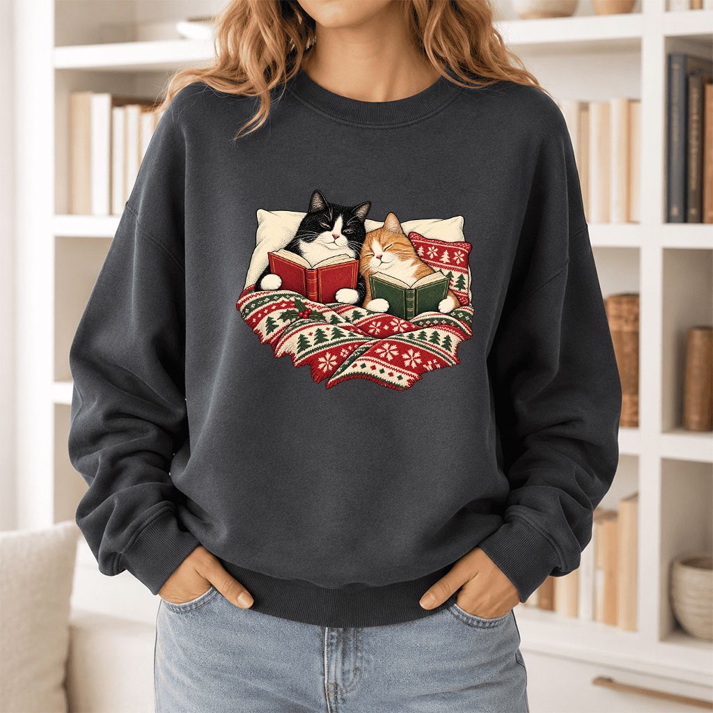 Cozy Cats Reading Under The Christmas Blanket Printed Sweatshirt | Reader Gift Dark Heather