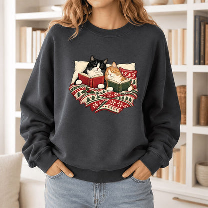 Cozy Cats Reading Under The Christmas Blanket Printed Sweatshirt | Reader Gift Dark Heather