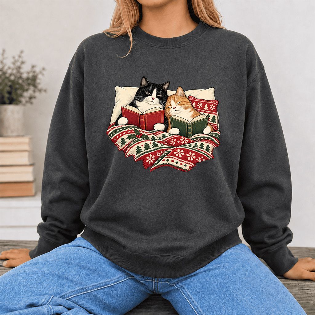 Cozy Cats Reading Under The Christmas Blanket Printed Sweatshirt | Reader Gift Dark Heather