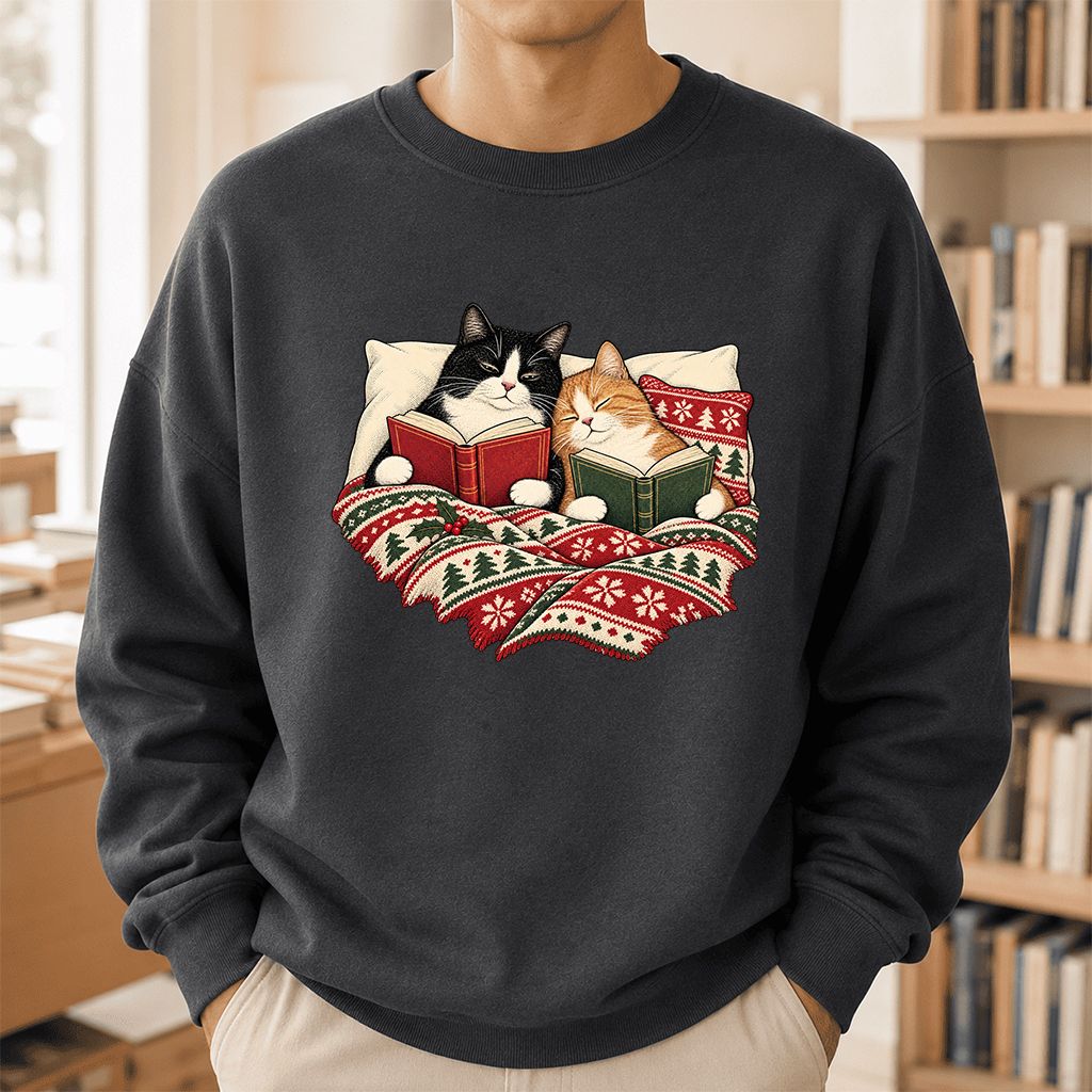Cozy Cats Reading Under The Christmas Blanket Printed Sweatshirt | Reader Gift Dark Heather