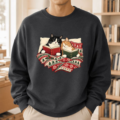 Cozy Cats Reading Under The Christmas Blanket Printed Sweatshirt | Reader Gift Dark Heather