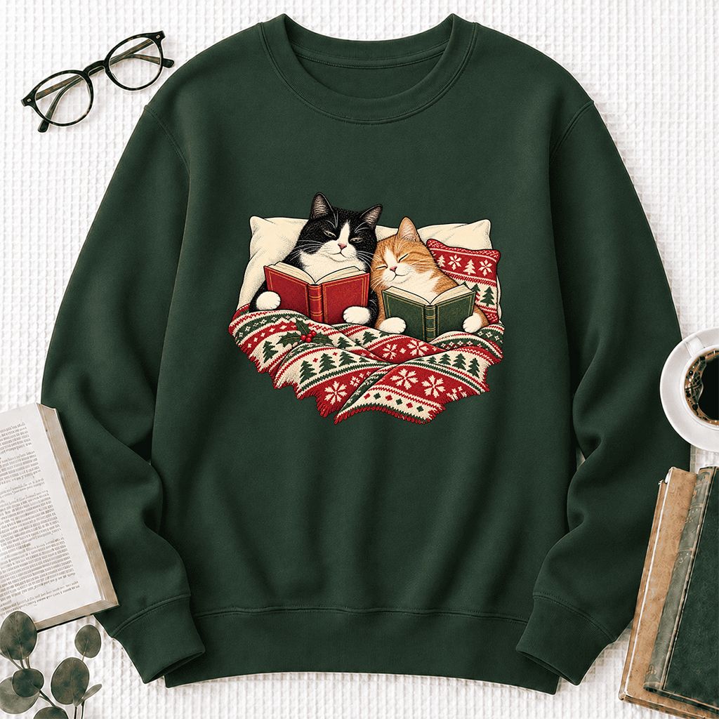 Cozy Cats Reading Under The Christmas Blanket Printed Sweatshirt | Reader Gift Forest Green