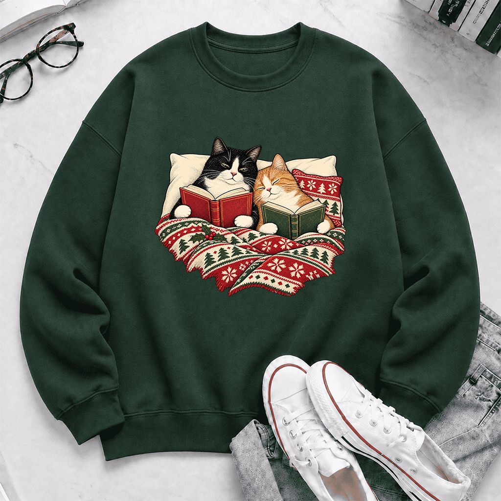 Cozy Cats Reading Under The Christmas Blanket Printed Sweatshirt | Reader Gift Forest Green