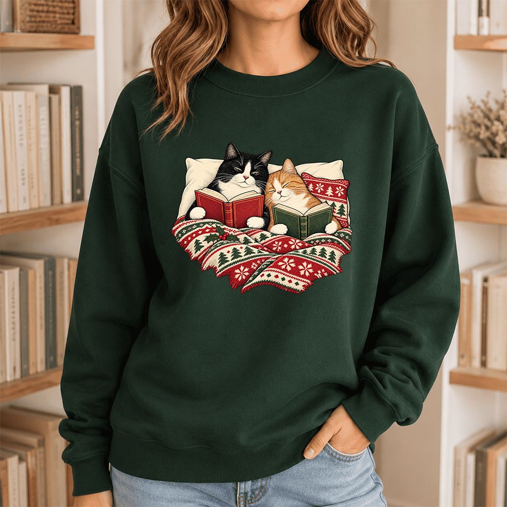 Cozy Cats Reading Under The Christmas Blanket Printed Sweatshirt | Reader Gift Forest Green