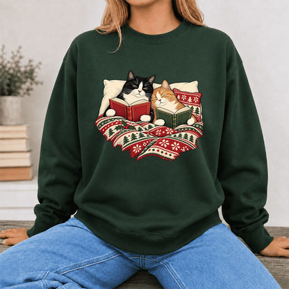 Cozy Cats Reading Under The Christmas Blanket Printed Sweatshirt | Reader Gift Forest Green