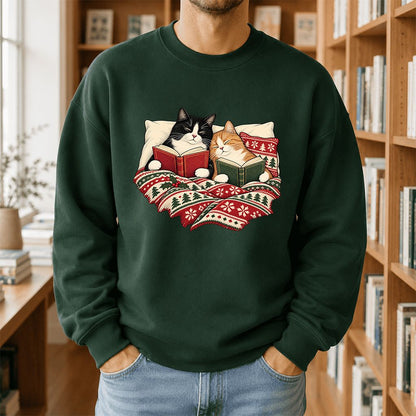 Cozy Cats Reading Under The Christmas Blanket Printed Sweatshirt | Reader Gift Forest Green