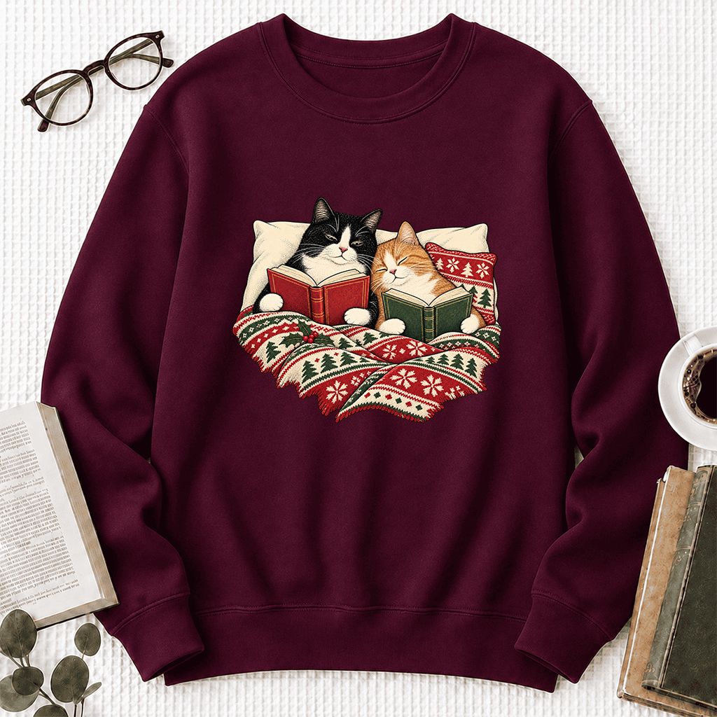 Cozy Cats Reading Under The Christmas Blanket Printed Sweatshirt | Reader Gift Maroon