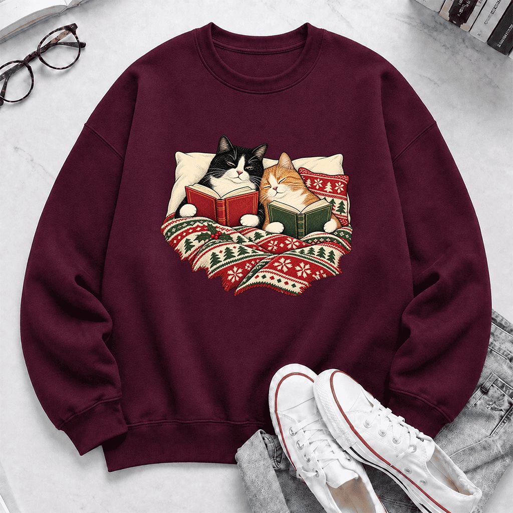 Cozy Cats Reading Under The Christmas Blanket Printed Sweatshirt | Reader Gift Maroon
