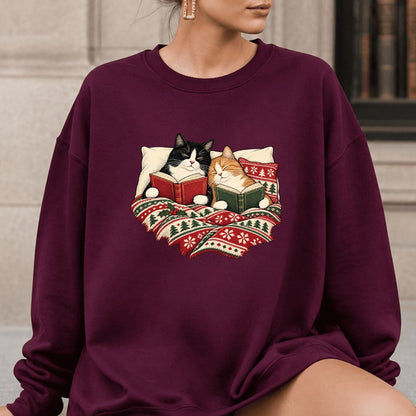 Cozy Cats Reading Under The Christmas Blanket Printed Sweatshirt | Reader Gift Maroon