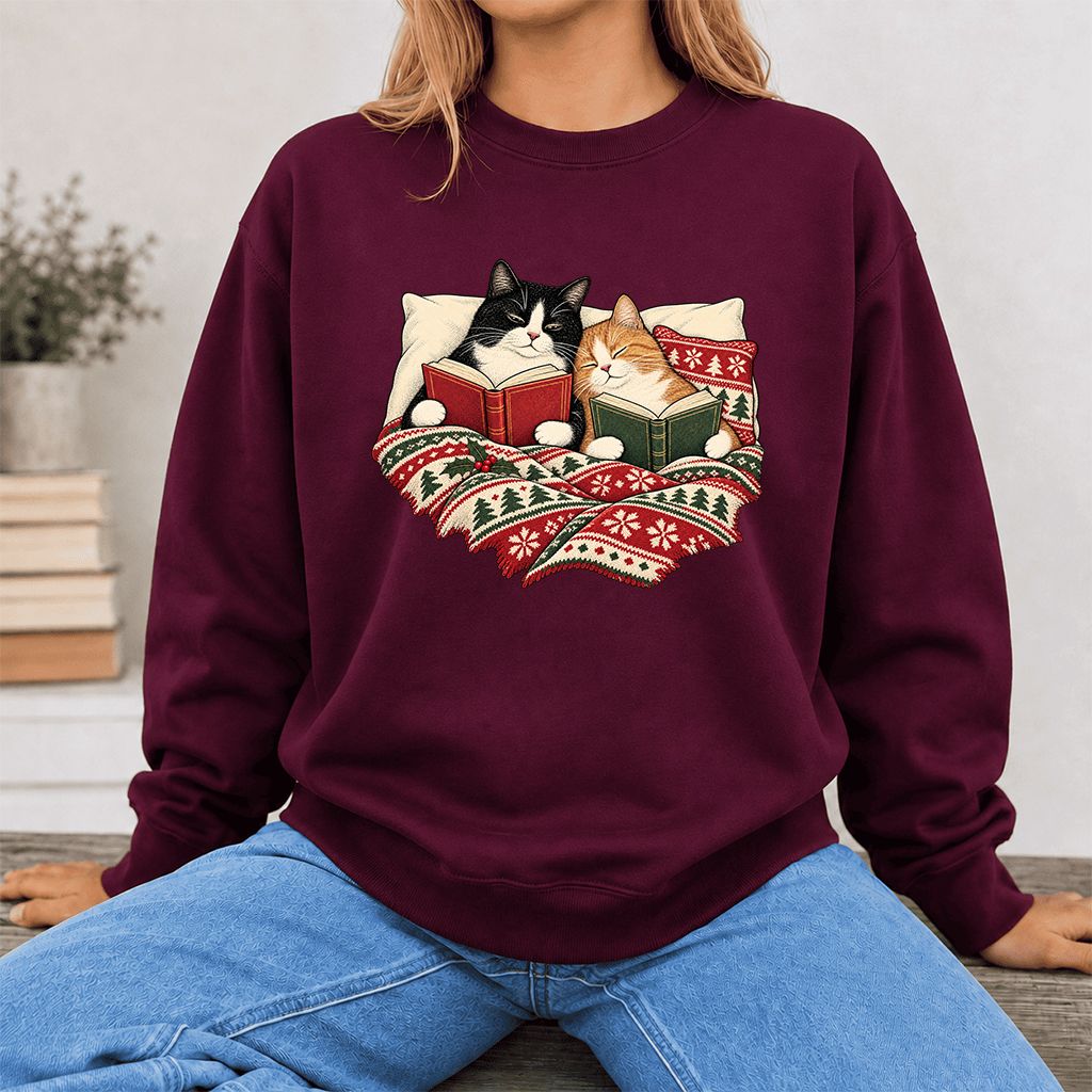 Cozy Cats Reading Under The Christmas Blanket Printed Sweatshirt | Reader Gift Maroon