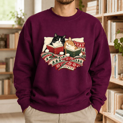 Cozy Cats Reading Under The Christmas Blanket Printed Sweatshirt | Reader Gift Maroon