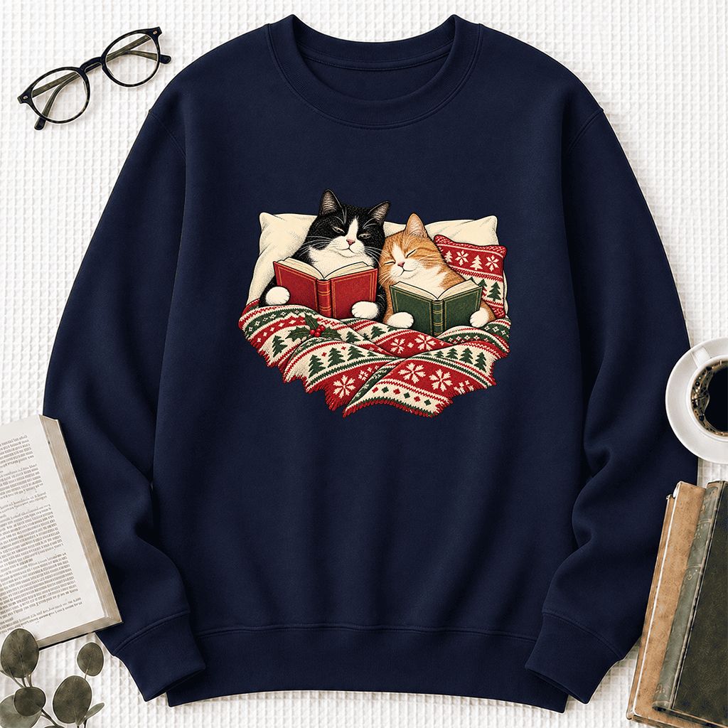 Cozy Cats Reading Under The Christmas Blanket Printed Sweatshirt | Reader Gift Navy