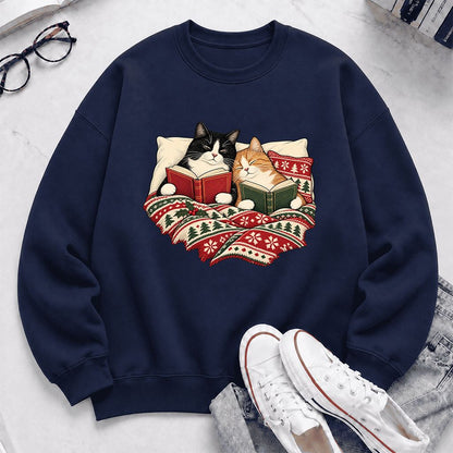 Cozy Cats Reading Under The Christmas Blanket Printed Sweatshirt | Reader Gift Navy
