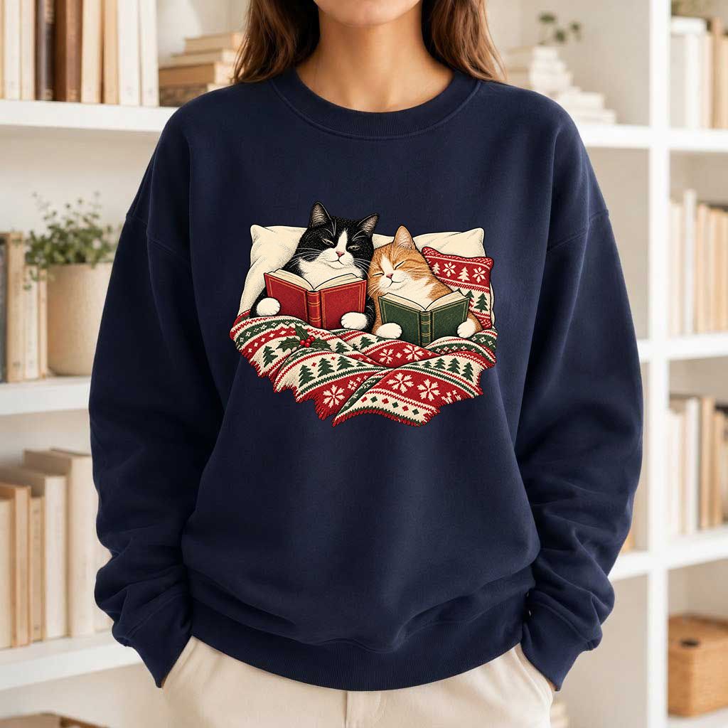 Cozy Cats Reading Under The Christmas Blanket Printed Sweatshirt | Reader Gift Navy