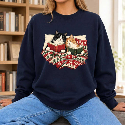 Cozy Cats Reading Under The Christmas Blanket Printed Sweatshirt | Reader Gift Navy