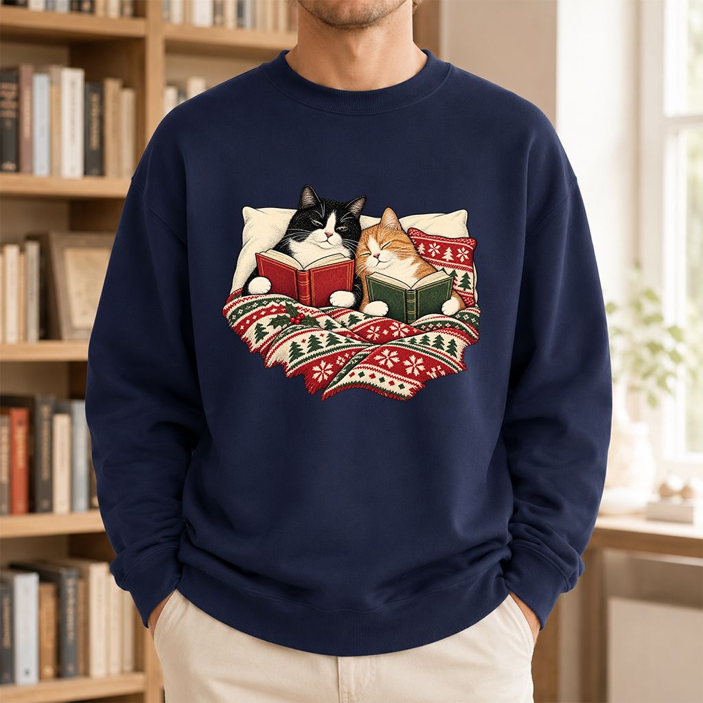 Cozy Cats Reading Under The Christmas Blanket Printed Sweatshirt | Reader Gift Navy