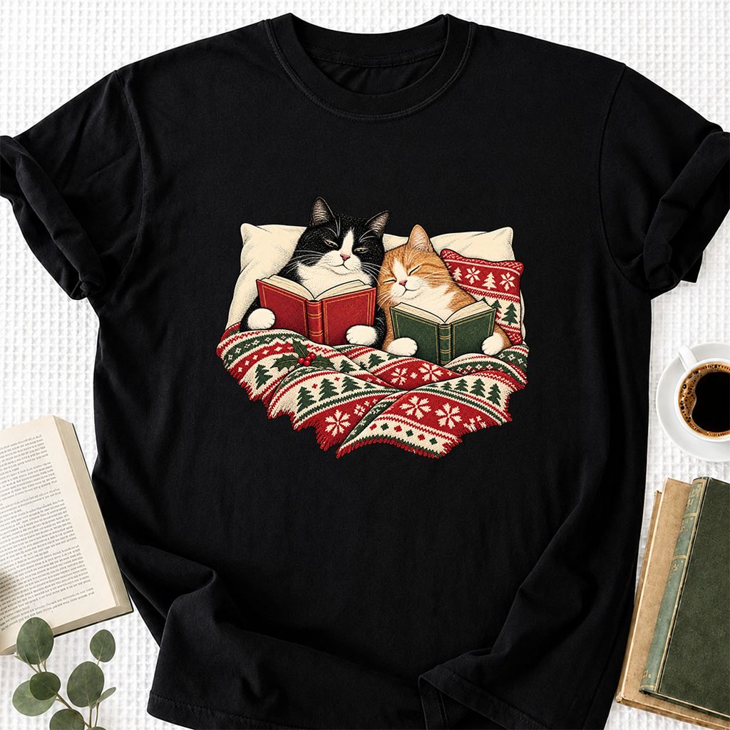 Cozy Cats Reading Under The Christmas Blanket Printed T-Shirt | Reader Gift Black