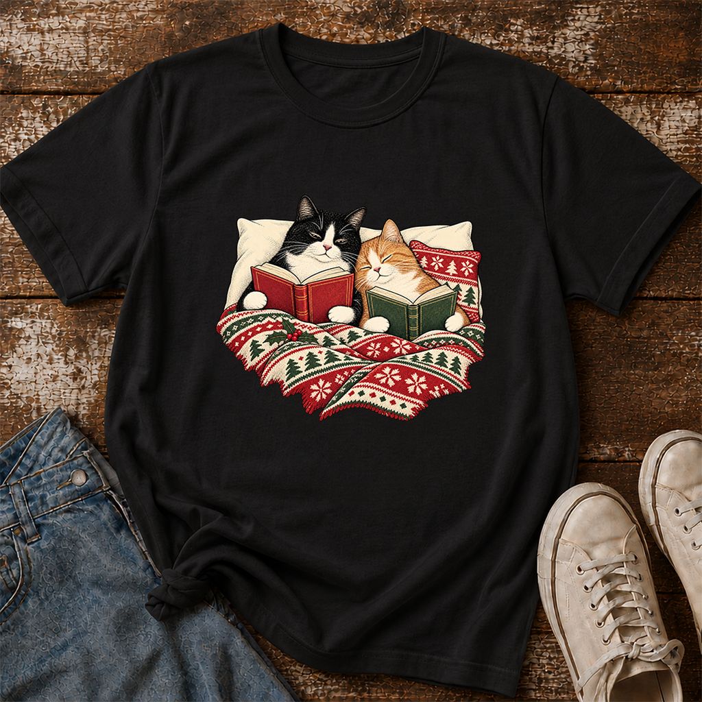 Cozy Cats Reading Under The Christmas Blanket Printed T-Shirt | Reader Gift Black