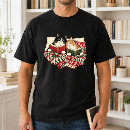 Cozy Cats Reading Under The Christmas Blanket Printed T-Shirt | Reader Gift Black