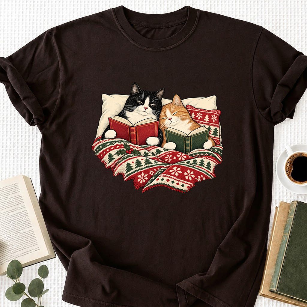 Cozy Cats Reading Under The Christmas Blanket Printed T-Shirt | Reader Gift Dark Chocolate