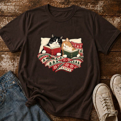 Cozy Cats Reading Under The Christmas Blanket Printed T-Shirt | Reader Gift Dark Chocolate