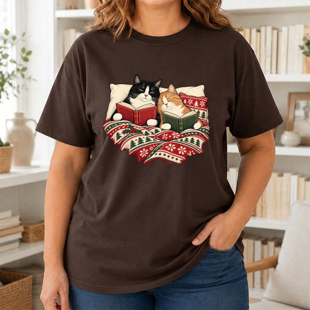 Cozy Cats Reading Under The Christmas Blanket Printed T-Shirt | Reader Gift Dark Chocolate
