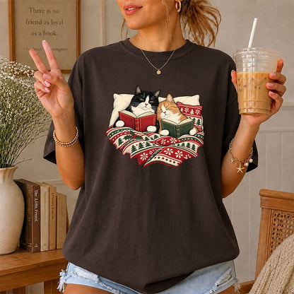 Cozy Cats Reading Under The Christmas Blanket Printed T-Shirt | Reader Gift Dark Chocolate