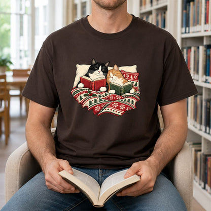 Cozy Cats Reading Under The Christmas Blanket Printed T-Shirt | Reader Gift Dark Chocolate